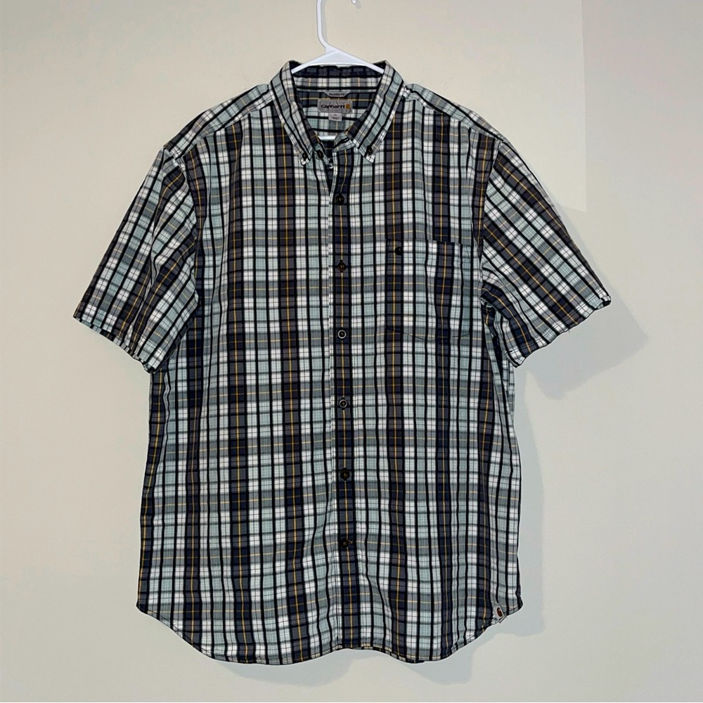 Carhartt Mens XL Blue/Gray Button Down Shirt Short Sleeve Casual Striped Outdoor